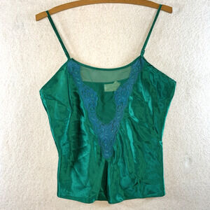 Vintage Delicates Womens Cami Tank Top Green Satin Blue Lace Sheer Mesh Lingerie